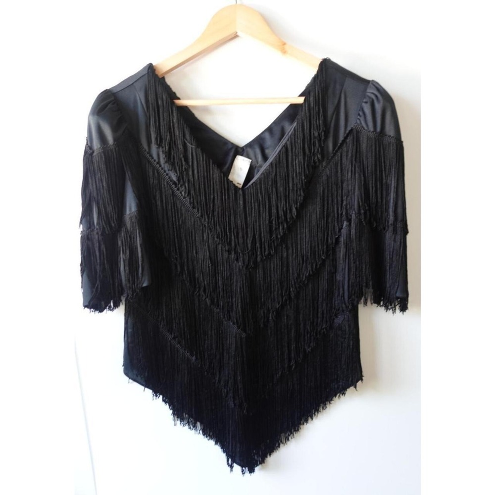 Vintage 80s Fringe Blouse Womens M/L Black Goth Flapper Gatsby Cabaret Western
